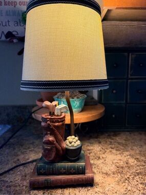 Vintage Inspired Golf Bag & Bucket Balls Lamp w/Golf Books & Beige Ribbon Shade.